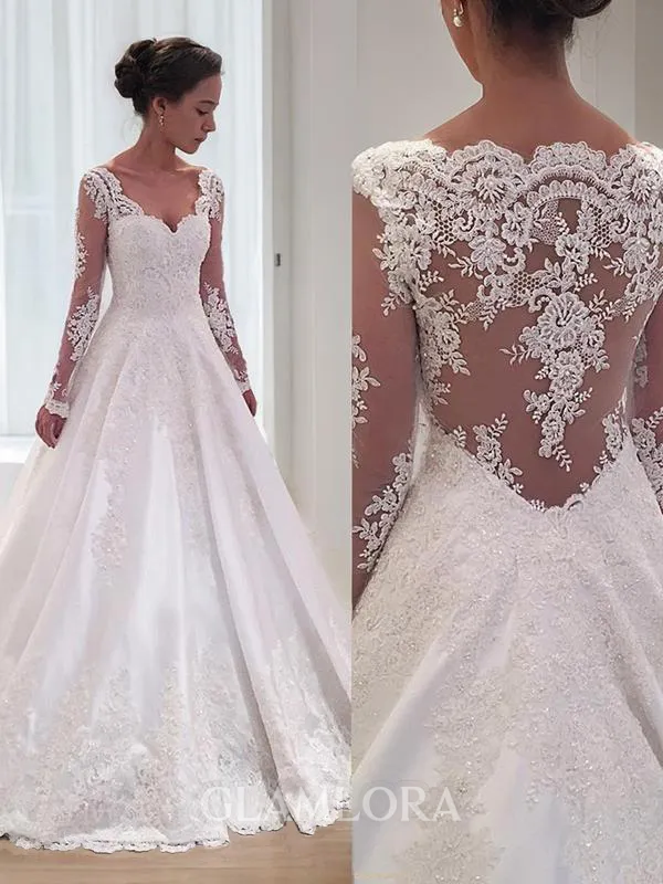 Ball-Gown Romantic V-Neck Long Sleeves Court Train Satin Wedding Dress With Lace
