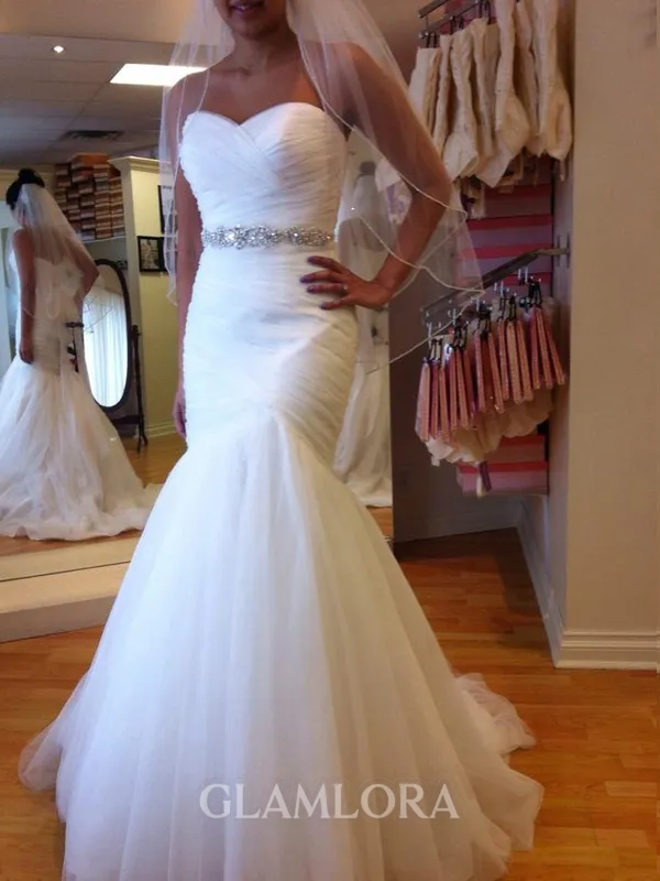 Trumpet/Mermaid Sweetheart Svelte Sleeveless Court Train Tulle Wedding Dress With Beading