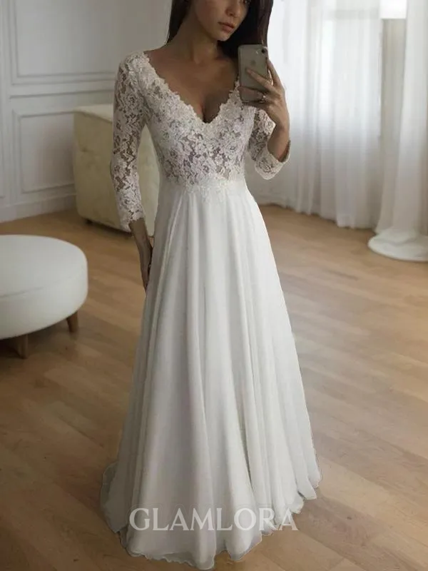 A-line V-Neck 3/4 Sleeves Timeless Floor-Length Chiffon Wedding Dress With Applique