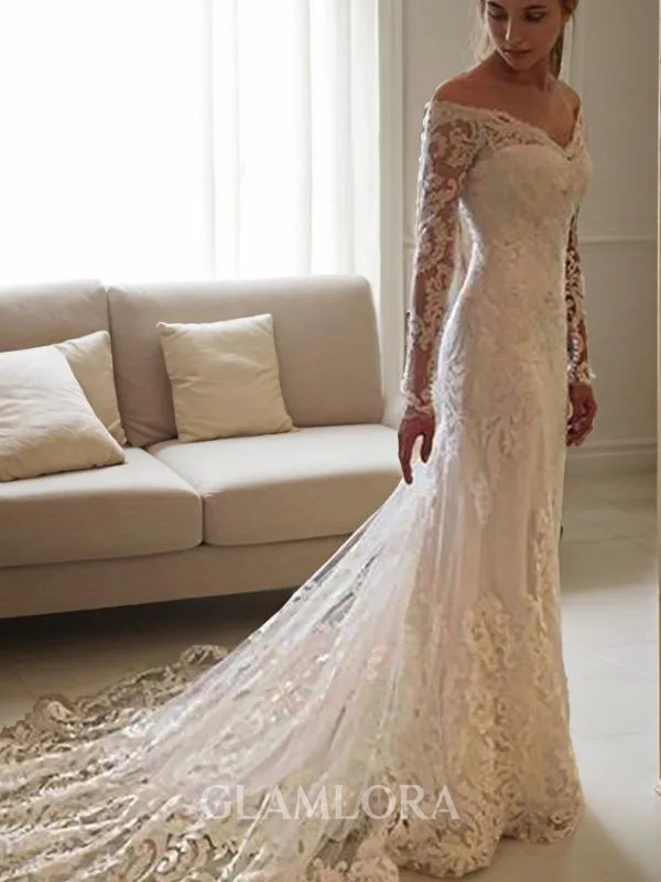 Sheath/Column Off-the-Shoulder Long Sleeves Court Train Glamourous Lace Wedding Dress