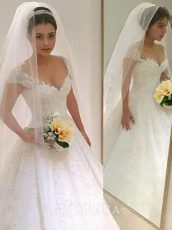 Ball-Gown Princess V-Neck Sleeveless Floor-Length Whimsical Tulle Wedding Dress With Beading