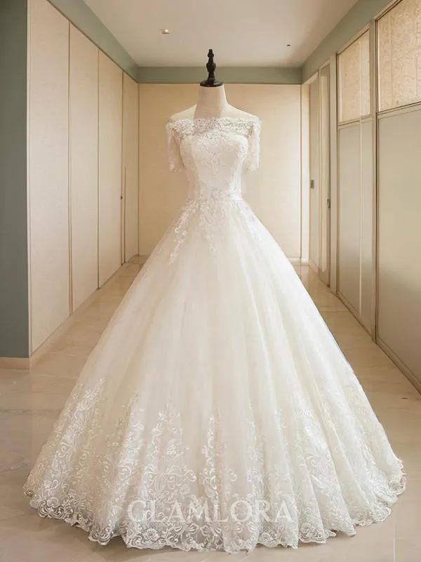 Ball-Gown Princess Off-the-Shoulder 1/2 Sleeves Floor-Length Tulle Glamorous Wedding Dress With Applique