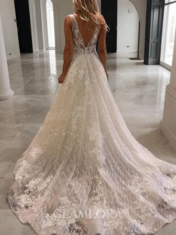 A-line Princess V-Neck Chic Sleeveless Sweep Train Tulle Wedding Dress With Applique