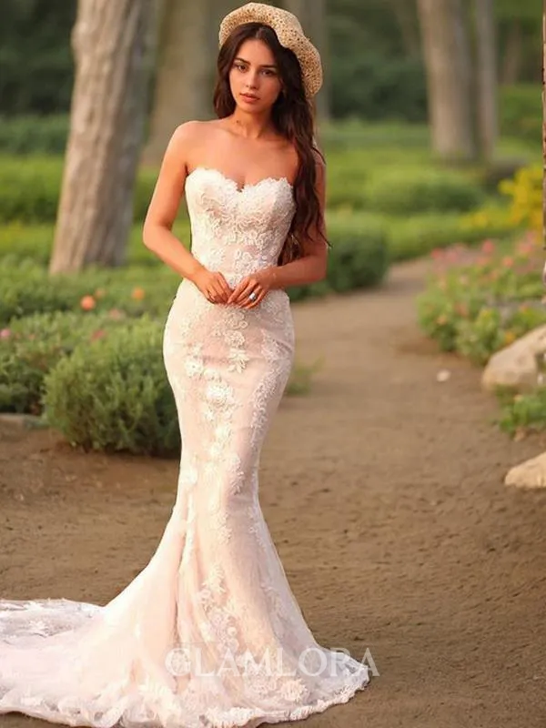 Trumpet/Mermaid Sweetheart Sleeveless Exquisite Sweep Train Lace Wedding Dress With Applique