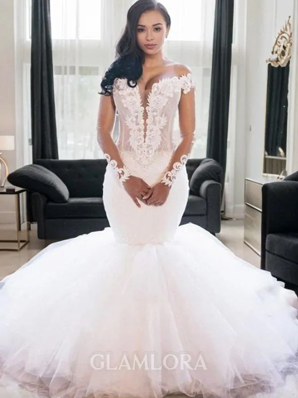Trumpet/Mermaid Off-the-Shoulder Long Sleeves Floor-Length Captivating Tulle Wedding Dress With Applique