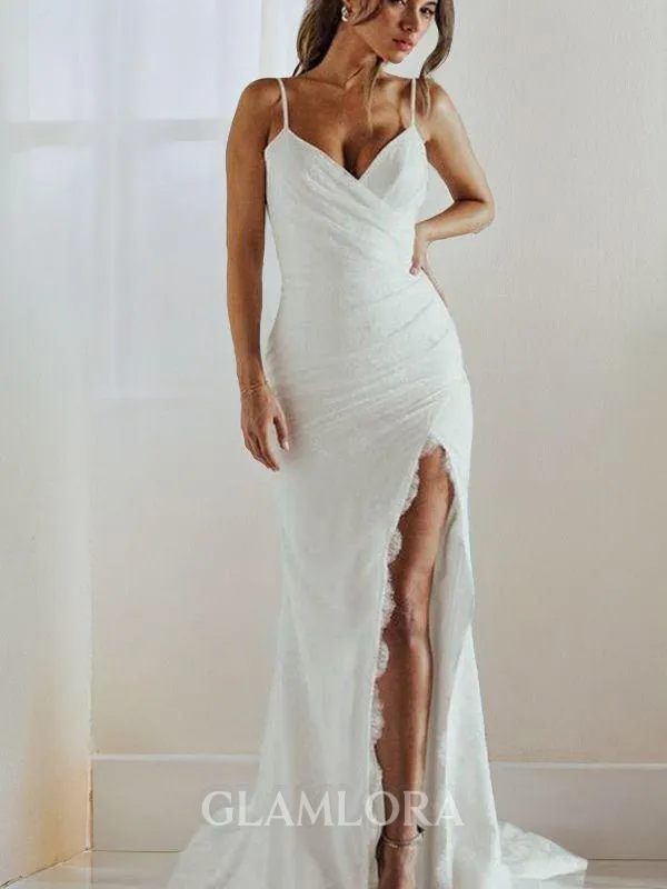 Sheath/Column Spaghetti Straps Sleeveless Sweep Train Open Back Lace Mesmerizing Wedding Dress With Slit
