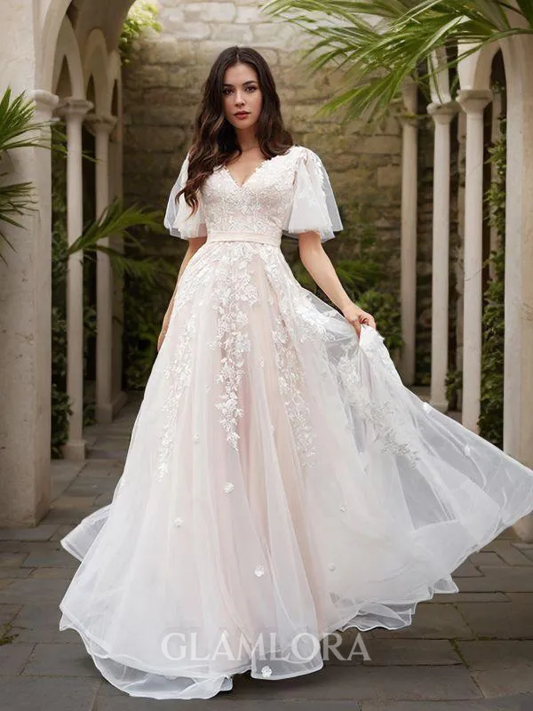 Simple A-line Princess V-Neck 1/2 Sleeves Court Train Tulle Wedding Dress With Applique
