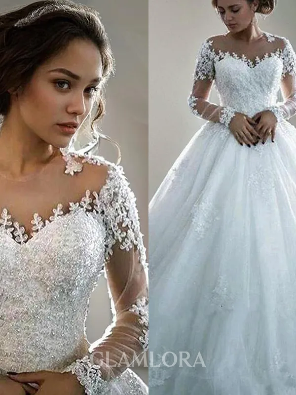 Ball-Gown Princess Stunning Bateau 3/4 Sleeves Court Train Tulle Wedding Dress With Beading