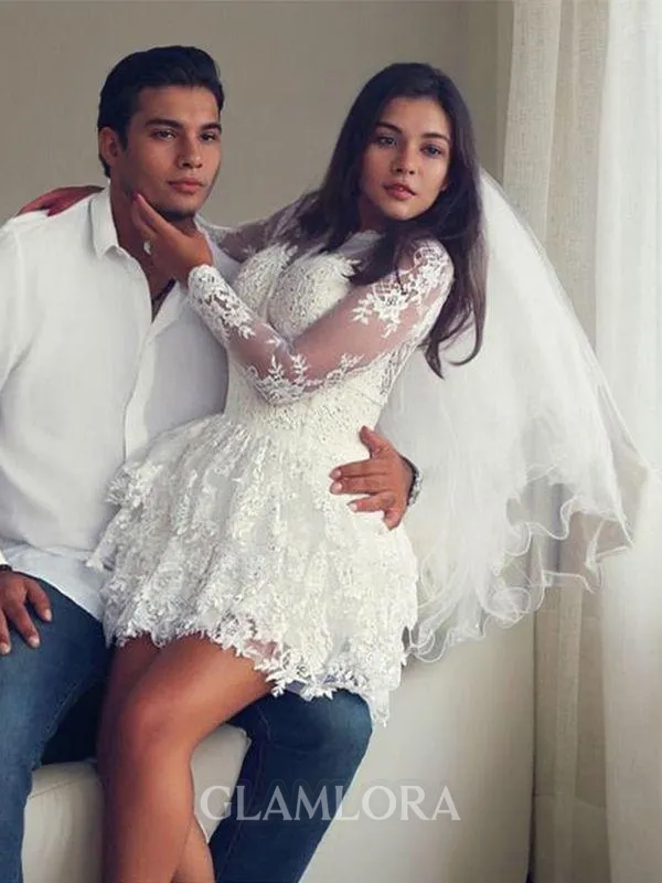 A-line Scoop Sophisticated Long Sleeves Short/Mini Lace Wedding Dress With Applique