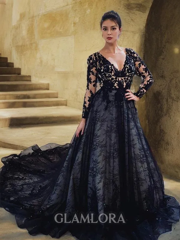 A-line V-Neck Long Sleeves Court Train Feminine Lace Wedding Dress