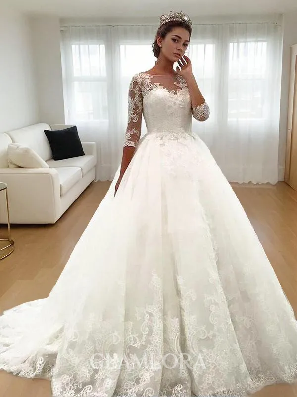 Ball-Gown Princess Bateau 3/4 Sleeves Court Train Tulle Ethereal Wedding Dress