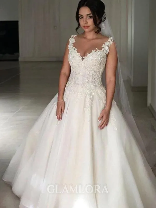 Ball-Gown Princess Breathtaking V-Neck Sleeveless Court Train Tulle Wedding Dress With Applique