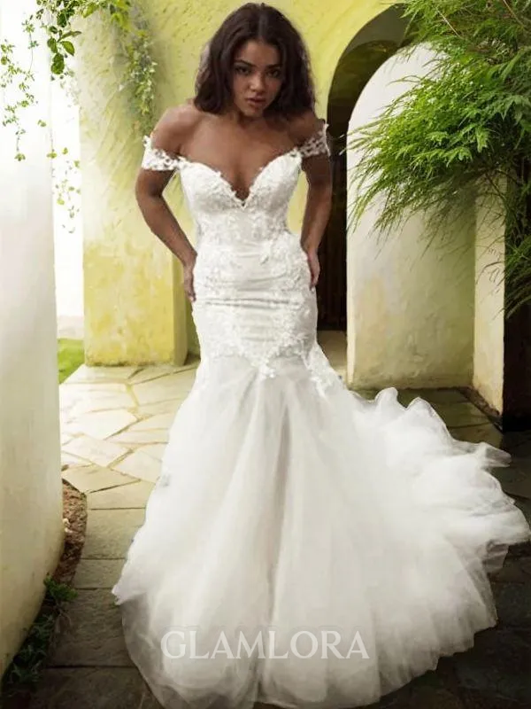 Head-turning Trumpet/Mermaid Off-the-Shoulder Sleeveless Sweep Train Tulle Wedding Dress With Applique