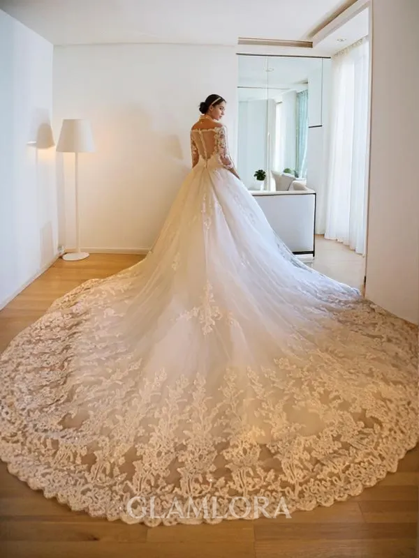 Ball-Gown Princess Cinderella Off-the-Shoulder 3/4 Sleeves Cathedral Train Tulle Wedding Dress With Beading