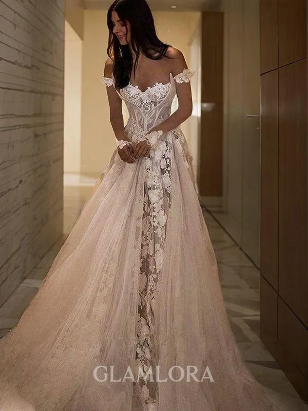A-line Princess Off-the-Shoulder Sleeveless Court Train Subtle Tulle Wedding Dress With Applique