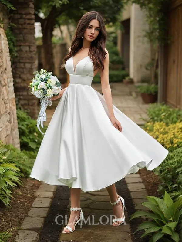 A-line V-Neck Sleeveless Tea-Length Satin Balanced Wedding Dress With Ruffles