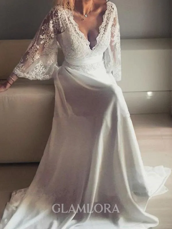 A-line Refined V-Neck Long Sleeves Court Train Lace Wedding Dress With Sash