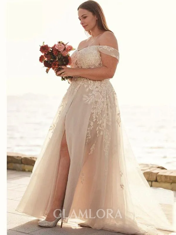 A-line Princess Off-the-Shoulder Timeless Sleeveless Sweep Train Tulle Wedding Dress With Slit