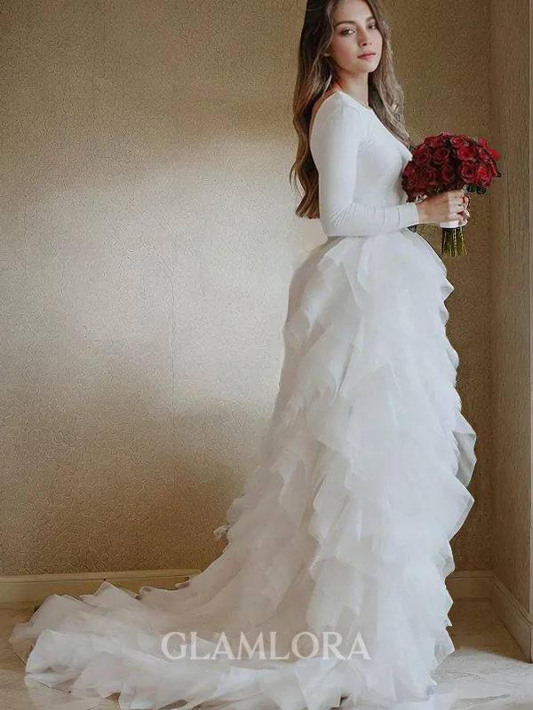 A-line Princess Scoop Long Sleeves Elegant Sweep Train Tulle Wedding Dress With Ruffles