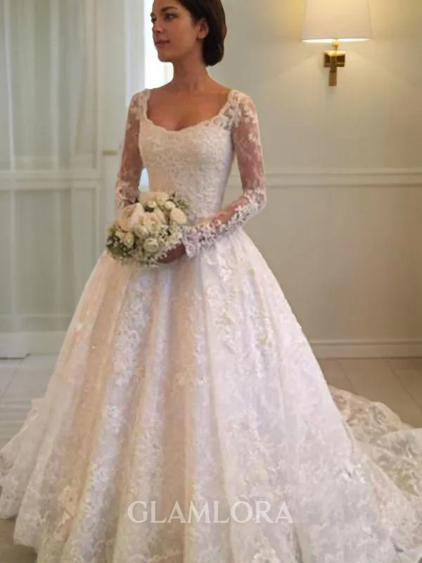 Ball-Gown Scoop Long Sleeves Cathedral Train Cute Lace Wedding Dress With Ruffles