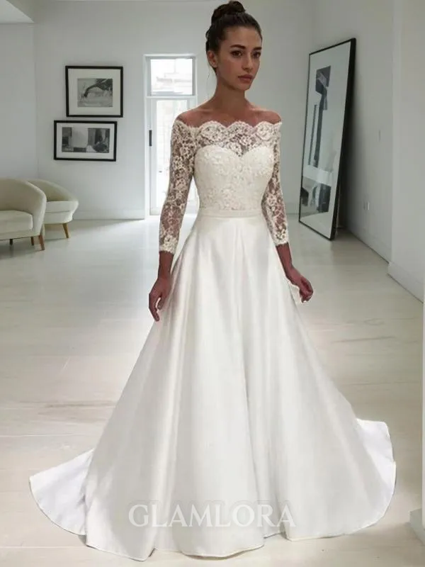 Ball Gown Off-the-Shoulder 3/4 Sleeves Sweep Train Satin Chic Wedding Dress With Lace
