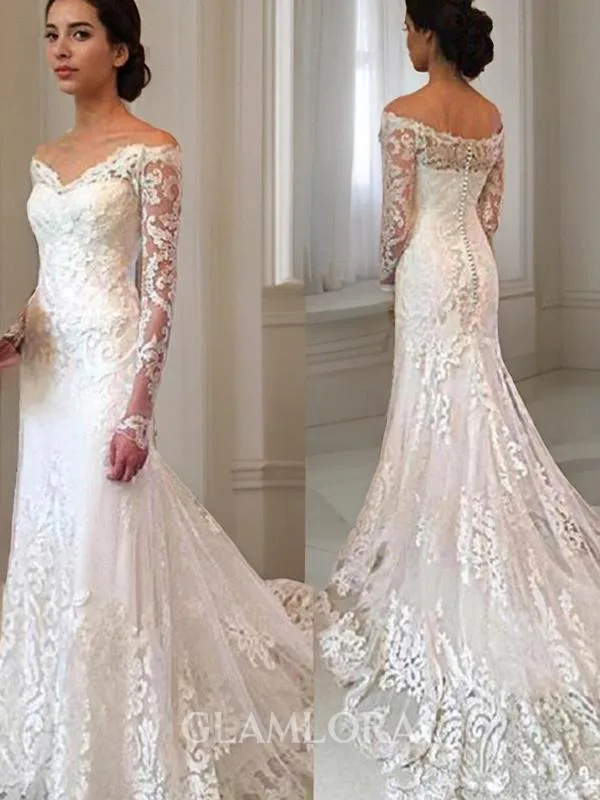 Flattering Trumpet/Mermaid Off-the-Shoulder Long Sleeves Court Train Lace Wedding Dress With Applique