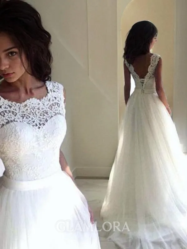 A-line Princess Charming Bateau Sleeveless Sweep Train Tulle Wedding Dress With Sash