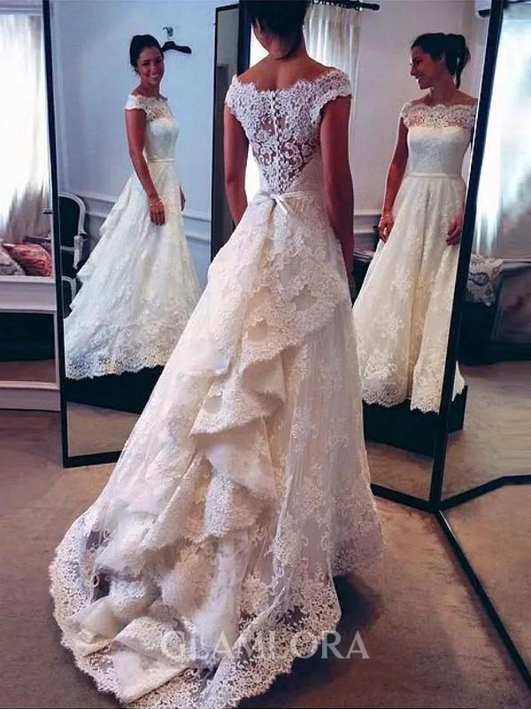A-line Scoop Sleeveless Stunning Court Train Lace Wedding Dress