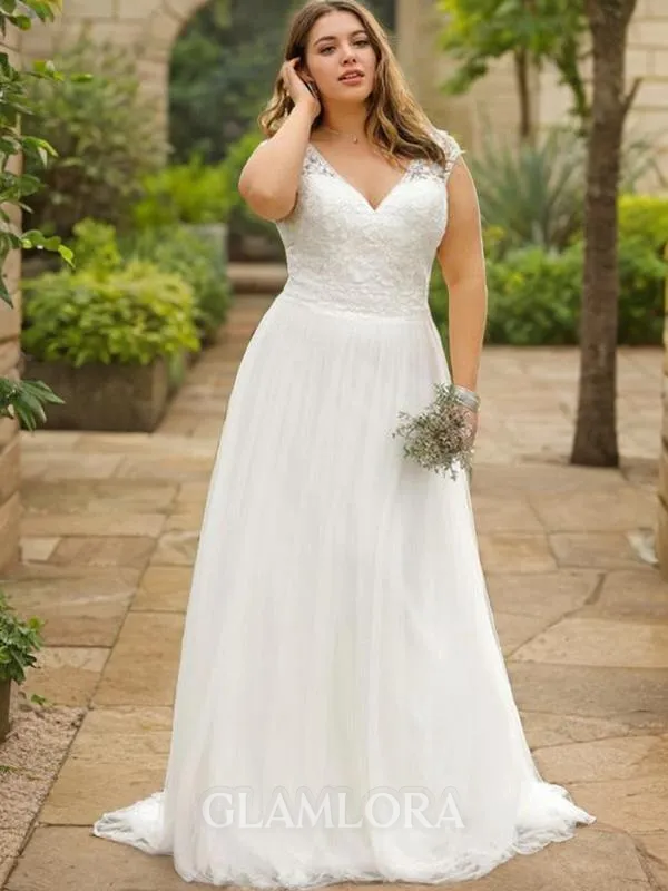 A-line Princess V-Neck Short Sleeves Sweep Train Perfect Tulle Wedding Dress With Applique