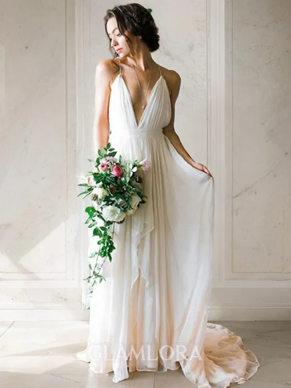 A-line Spaghetti Straps Sleeveless Sweep Train Chiffon Trendy Wedding Dress With Ruffles
