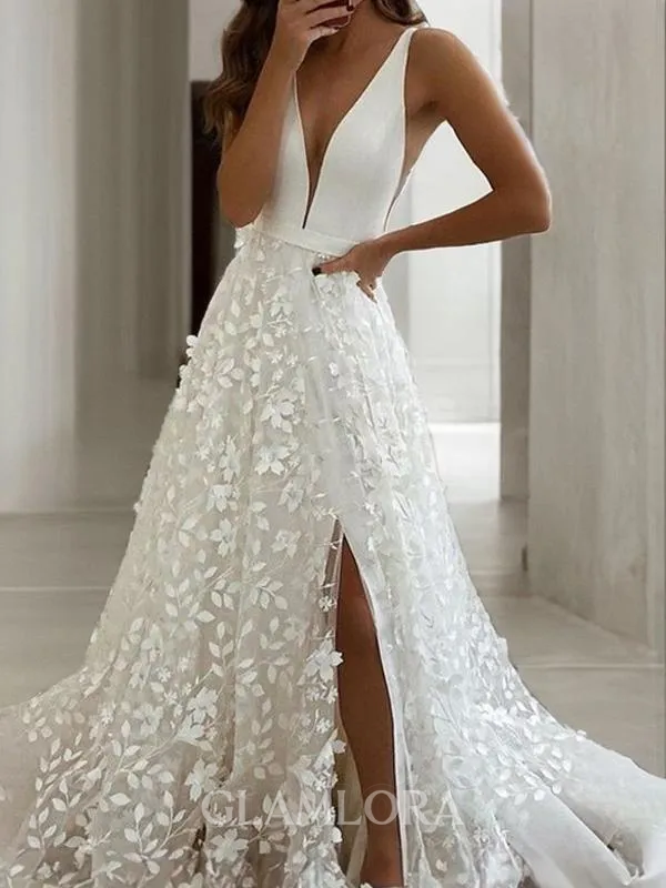 A-line V-Neck Glam Sleeveless Sweep Train Lace Wedding Dress With Slit