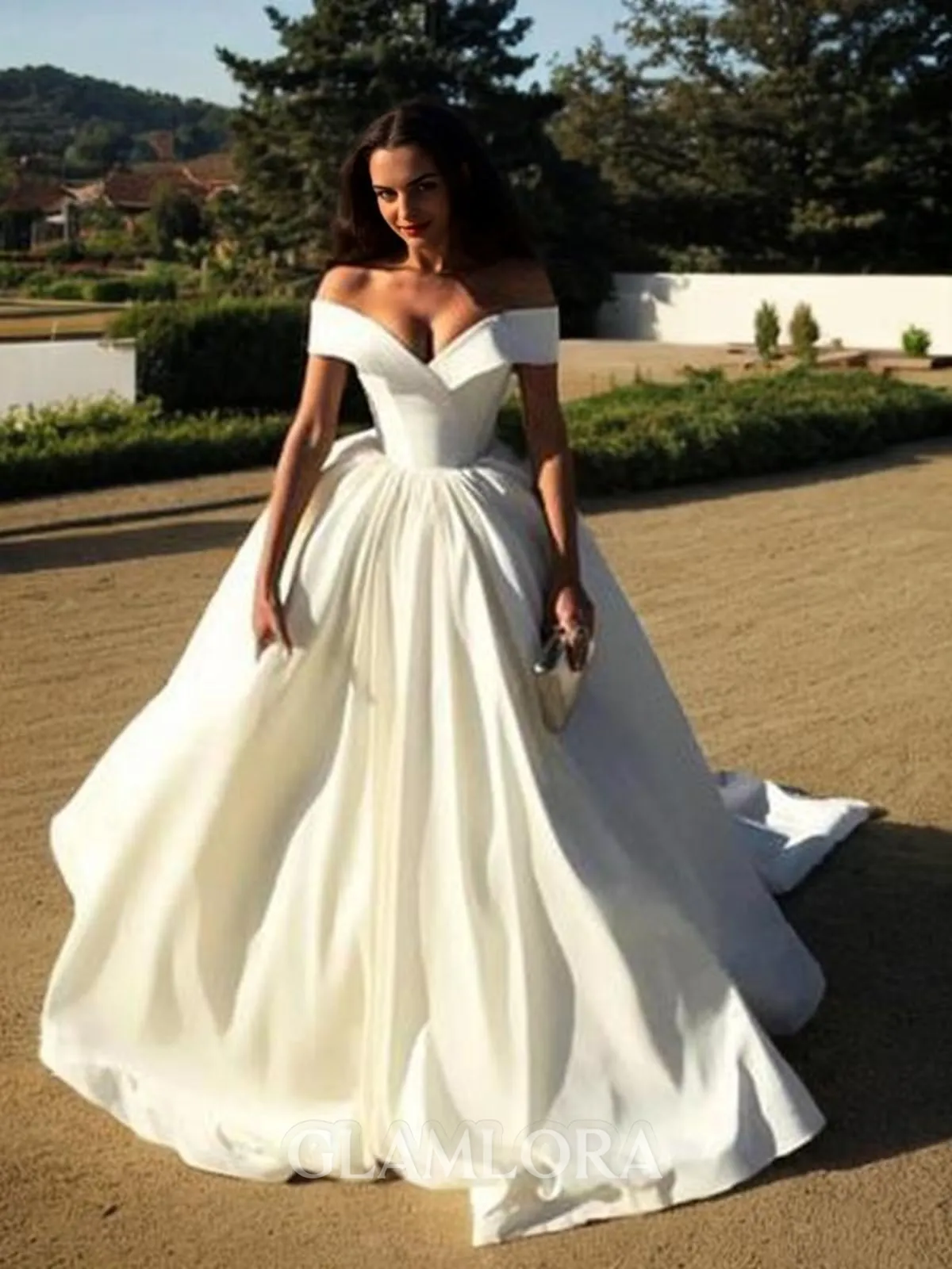 Ball-Gown Off-the-Shoulder Sleeveless Pretty Sweep Train Satin Wedding Dress