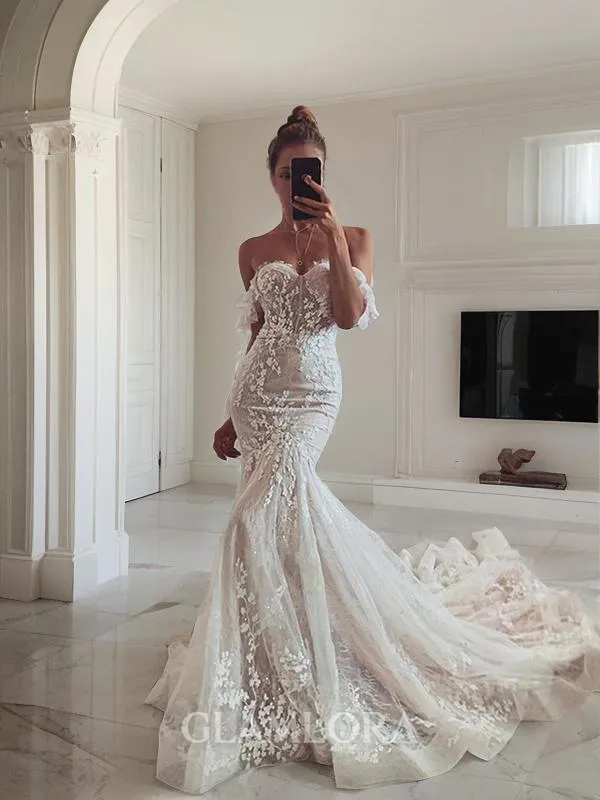 Trumpet/Mermaid Off-the-Shoulder Sleeveless Sweep Train Fitted Tulle Wedding Dress With Applique