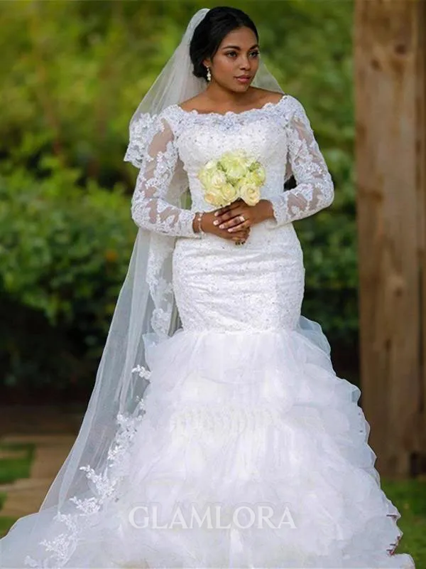 Ball-Gown Princess Scoop Long Sleeves Chapel Train Tulle Glam Wedding Dress With Applique