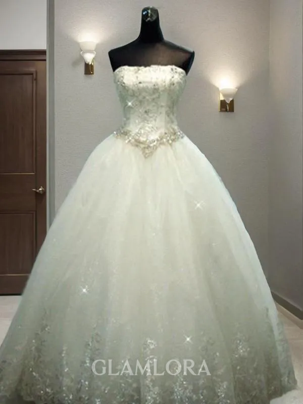 Flowy Ball-Gown Princess Strapless Sleeveless Floor-Length Tulle Wedding Dress With Beading
