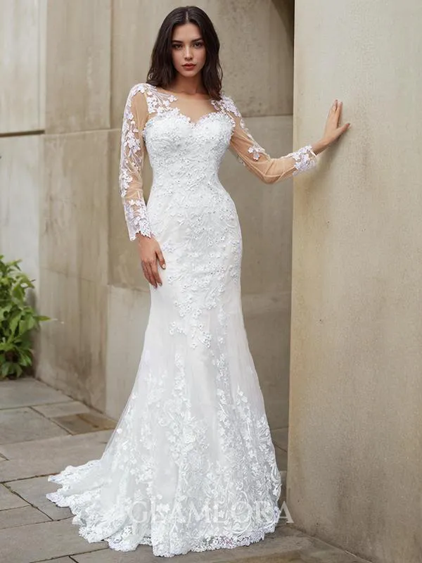 Trumpet/Mermaid Scoop Curvaceous Long Sleeves Sweep Train Tulle Wedding Dress With Applique