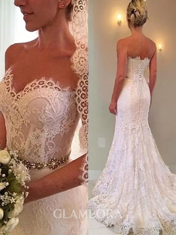 Sheath/Column Sweetheart Sleeveless Sweep Train Perfect Lace Wedding Dress With Beading