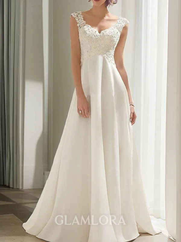Empire V-Neck Sleeveless Sweep Train Luxurious Chiffon Wedding Dress With Lace