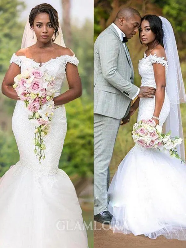 Trumpet/Mermaid Off-the-Shoulder Sleeveless Sweep Train Tulle Dramatic Wedding Dress With Applique