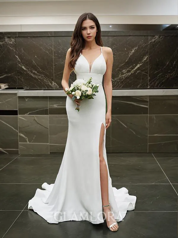 Sexy Sheath/Column Halter Sleeveless Sweep Train Stretch Crepe Wedding Dress With Slit