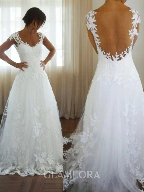 A-line Princess V-Neck Sleeveless Pretty Sweep Train Open Back Tulle Wedding Dress With Lace
