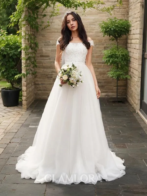 A-line Princess Off-the-Shoulder Sleeveless Chapel Train Charming Tulle Wedding Dress With Applique