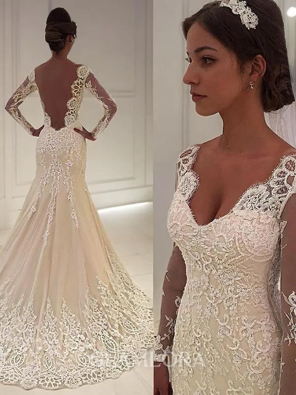Trumpet/Mermaid V-Neck Long Sleeves Court Train Open Back Lace Alluring Wedding Dress