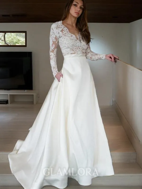 A-line V-Neck Dazzling Long Sleeves Sweep Train Satin Wedding Dress With Applique