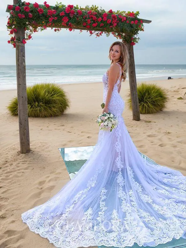 Trumpet/Mermaid Straps Sleeveless Court Train Elegant Tulle Wedding Dress With Applique