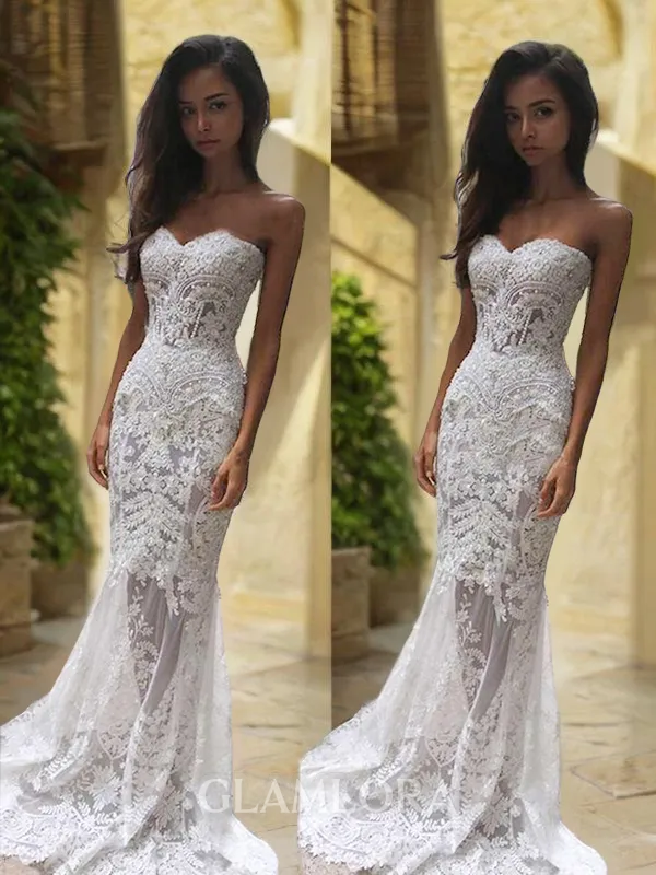 Trumpet/Mermaid Sweetheart Sleeveless Court Train Sophisticated Lace Wedding Dress With Applique