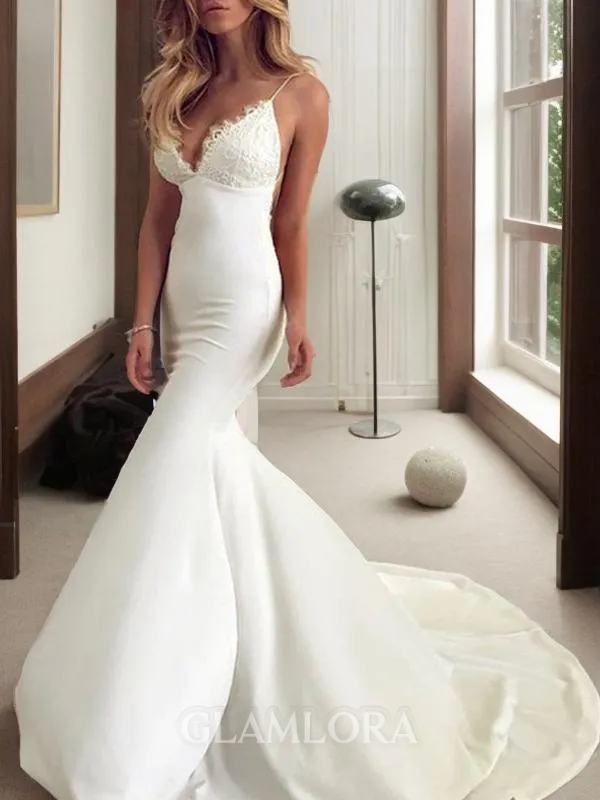 Striking Trumpet/Mermaid Spaghetti Straps Sleeveless Sweep Train Open Back Stretch Crepe Wedding Dress With Lace