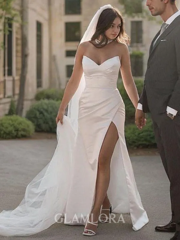 Sheath/Column Trendy Sweetheart Sleeveless Sweep Train Satin Wedding Dress With Slit