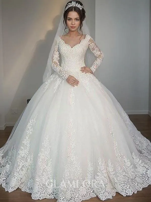 Ball-Gown Princess V-Neck Grand Long Sleeves Floor-Length Tulle Wedding Dress