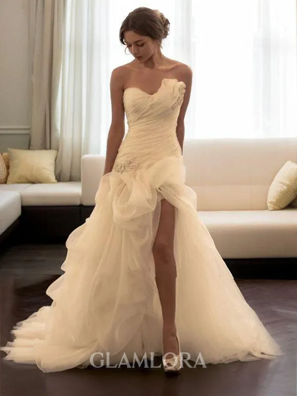 Ball-Gown Sweetheart Sleeveless Sweep Train Fairy-tale Organza Wedding Dress With Slit